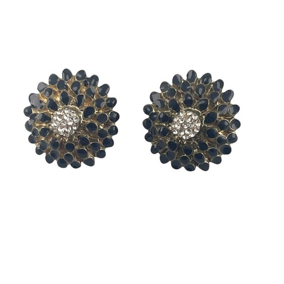Vintage Flower Shaped Black & Crystal Rhinestone Stud Earrings - Picture 6 of 7